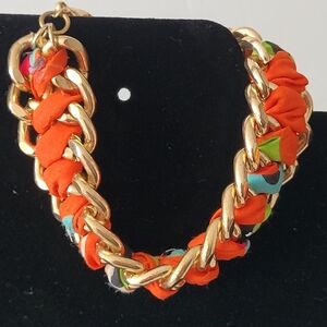 Orange Ribbon Wrapped 8"Gold Tone Chunky Chain Link Lobster Clasp Bracelet. Add